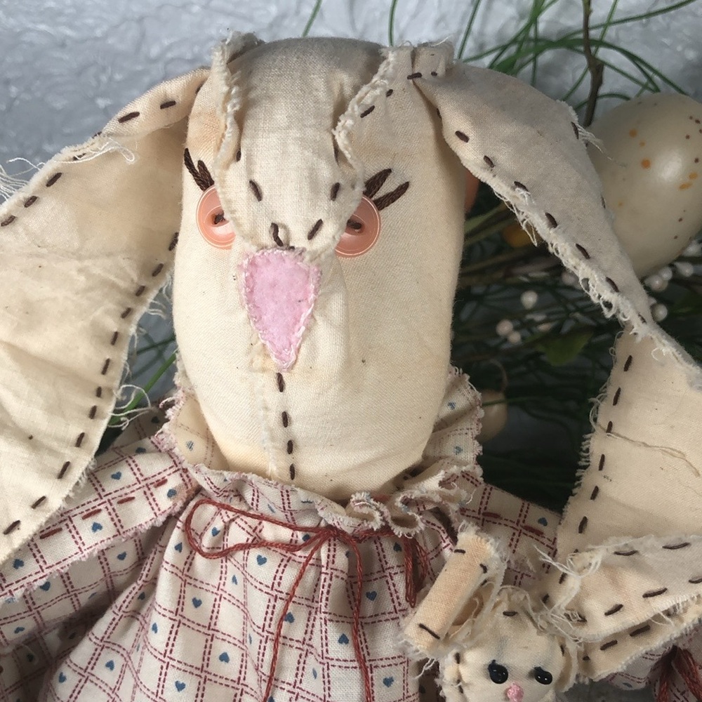 Bunny Rabbit Doll w/ Baby Farmhouse Handmade Distressed Rustic Rabbit Doll - Picture 3 of 12